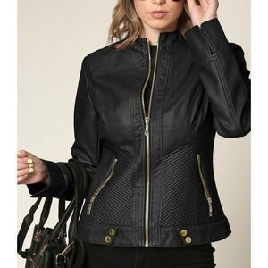 Made by Johnny Black Faux Leather Moto Jacket Women's Size M Gold Zipper‎